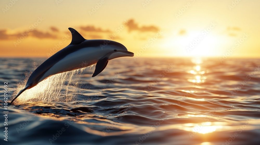 Fototapeta premium A dolphin leaps joyfully from the calm waters, creating splashes as the sun sets, casting a warm golden hue across the ocean on a peaceful evening
