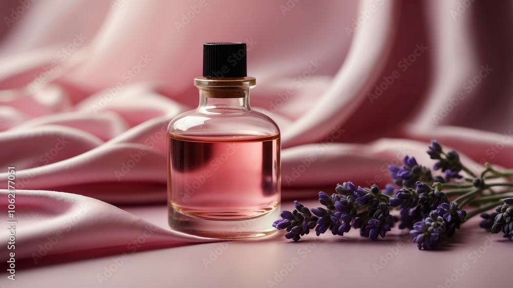 aesthetic bottle of essential oil on a pink silk background. Lavender on the side aesthetic bottle of essential oil on a pink silk background. Lavender on the side