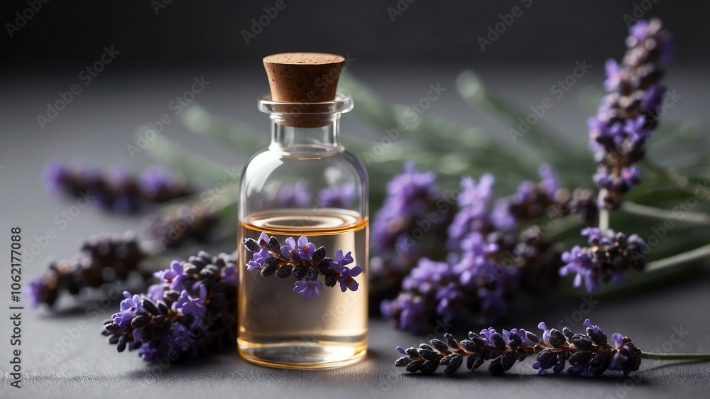 aesthetic bottle of essential oil on a gray silk background. Lavender on the side aesthetic bottle of essential oil on a gray silk background. Lavender on the side