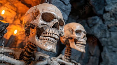 Two lifelike skeletons stand side by side, illuminated by flickering light against a rugged stone backdrop, contributing to a hauntingly mysterious ambiance perfect for Halloween photo