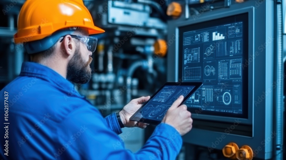Engineer using a tablet to monitor production processes in a factory, showcasing the integration of digital technology and efficiency in modern manufacturing