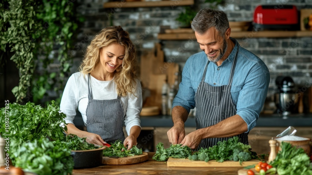 A man and woman are joyfully chopping fresh vegetables in a cozy kitchen filled with greenery, showcasing teamwork and culinary skills as they prepare a nutritious dish A man and woman are joyfully chopping fresh vegetables in a cozy kitchen filled with greenery, showcasing teamwork and culinary skills as they prepare a nutritious dish