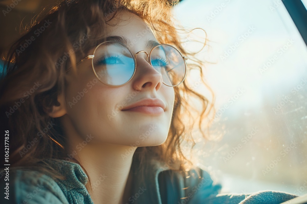 Smiling woman with glasses in sunlight Smiling woman with glasses in sunlight