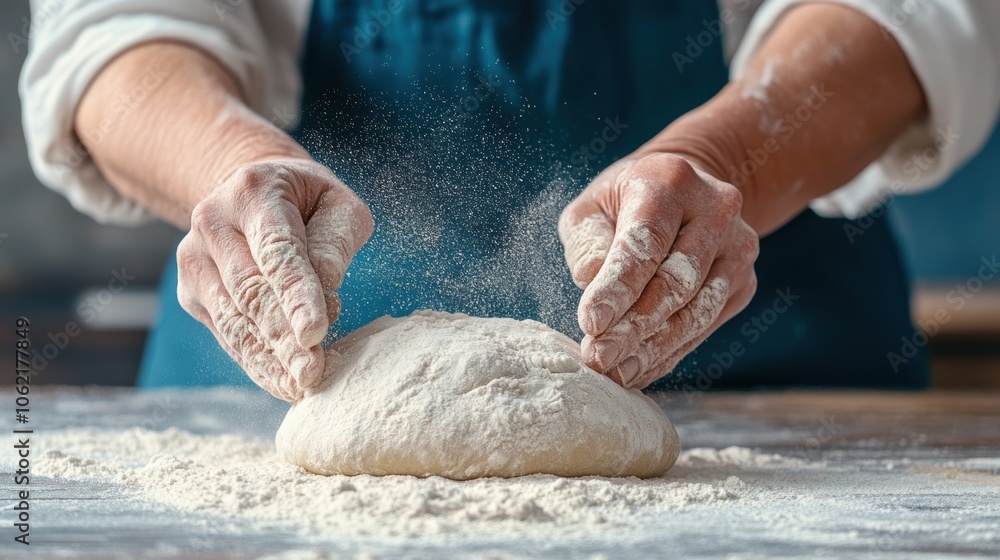 Obraz premium A skilled baker carefully dusts flour over a lump of dough, preparing for the next steps in bread-making. The warm kitchen highlights the artistry of the baking process