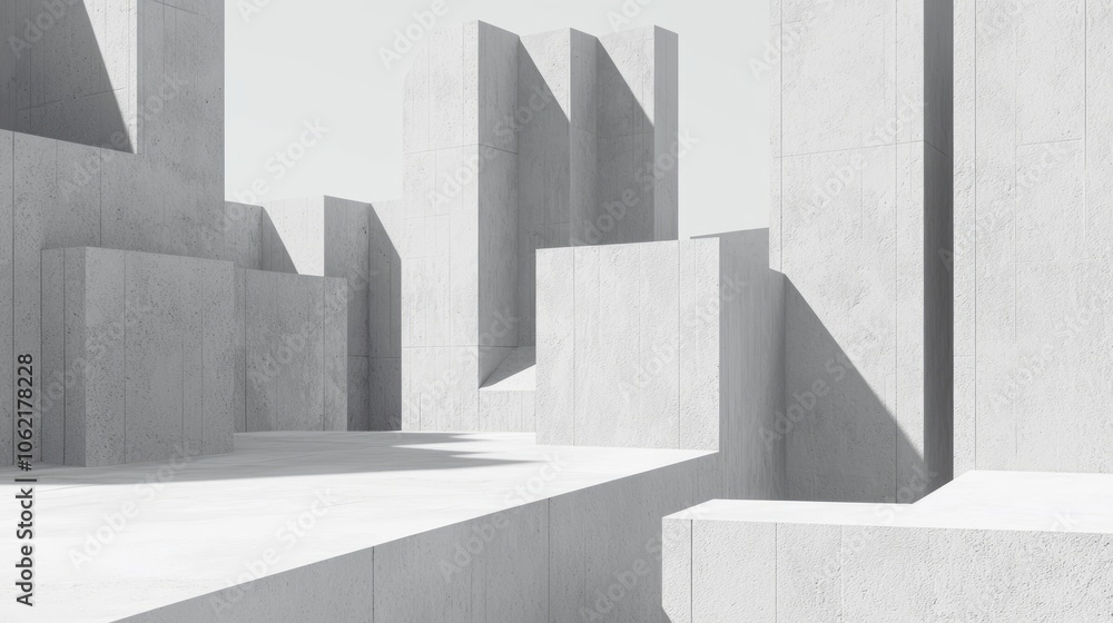 Moody 3D Render of Brutalist Urban Landscape with Play of Light and Shadows on Concrete Surfaces Moody 3D Render of Brutalist Urban Landscape with Play of Light and Shadows on Concrete Surfaces