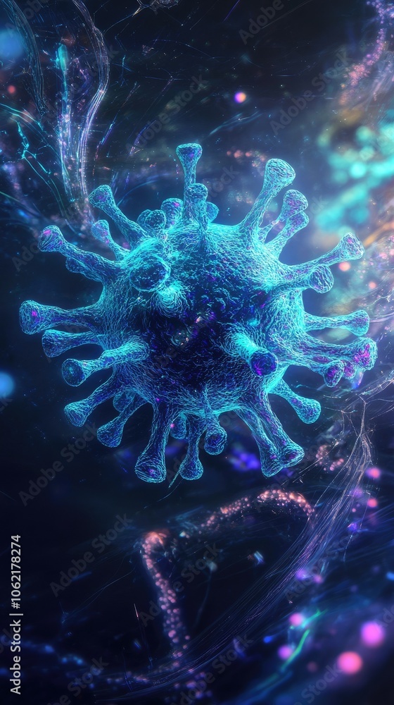 Abstract representation of a virus on a colorful digital background.