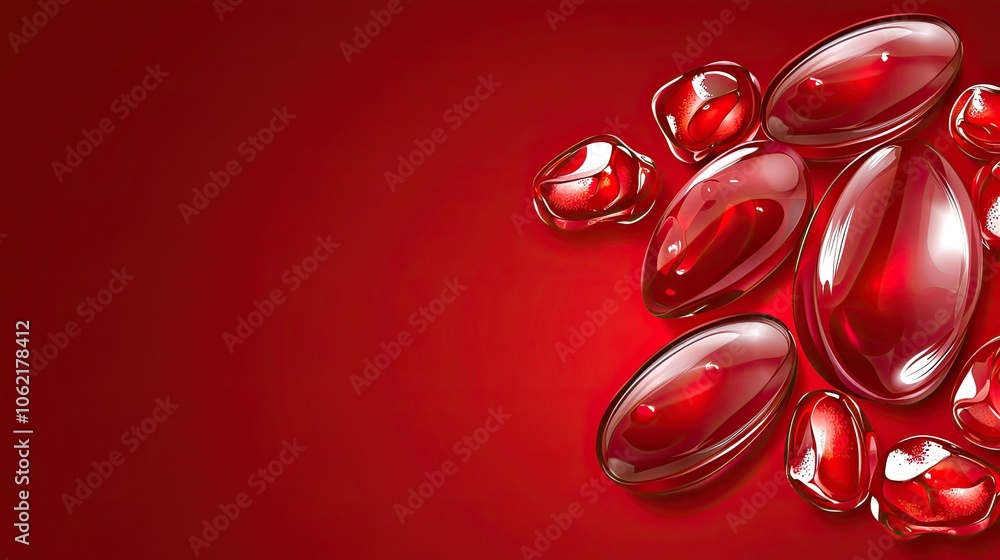 Bright red capsules on a smooth, dark red background, ideal for health or wellness themes. Bright red capsules on a smooth, dark red background, ideal for health or wellness themes.