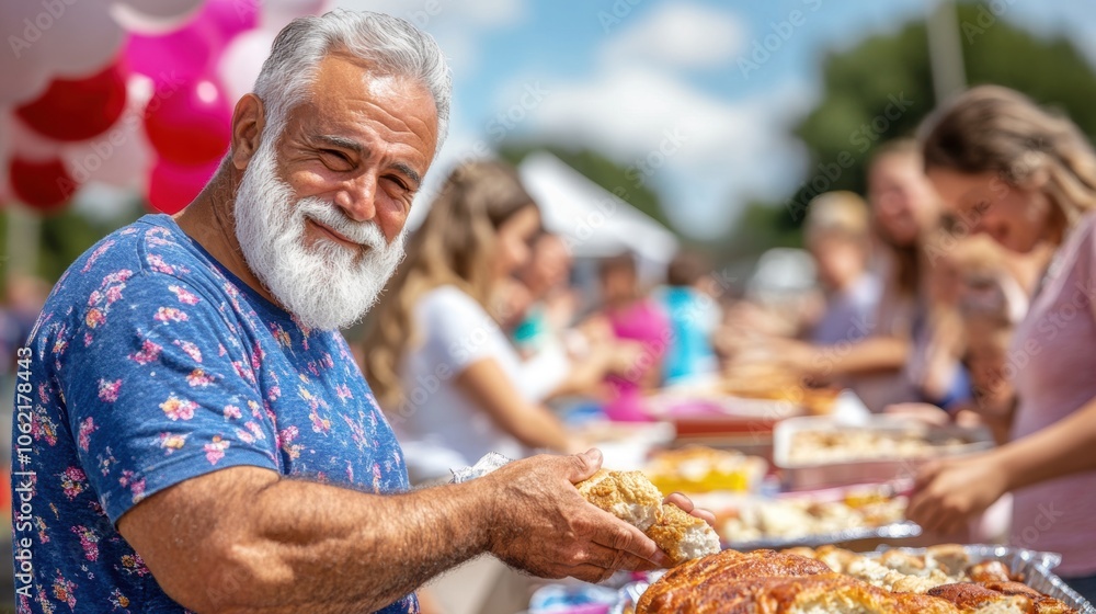 An elderly man with a white beard happily serves fresh baked goods at a lively community festival, surrounded by cheerful attendees enjoying the sunny day An elderly man with a white beard happily serves fresh baked goods at a lively community festival, surrounded by cheerful attendees enjoying the sunny day