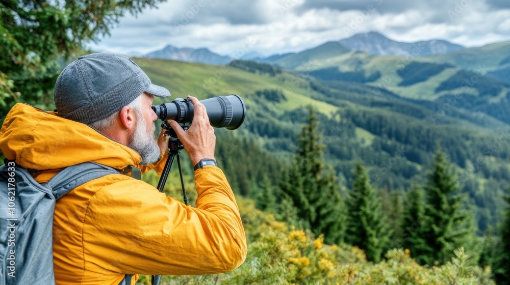 A man wearing an orange jacket and a grey beanie focuses on taking pictures of the stunning mountain scenery under a partly cloudy sky, surrounded by lush greenery A man wearing an orange jacket and a grey beanie focuses on taking pictures of the stunning mountain scenery under a partly cloudy sky, surrounded by lush greenery