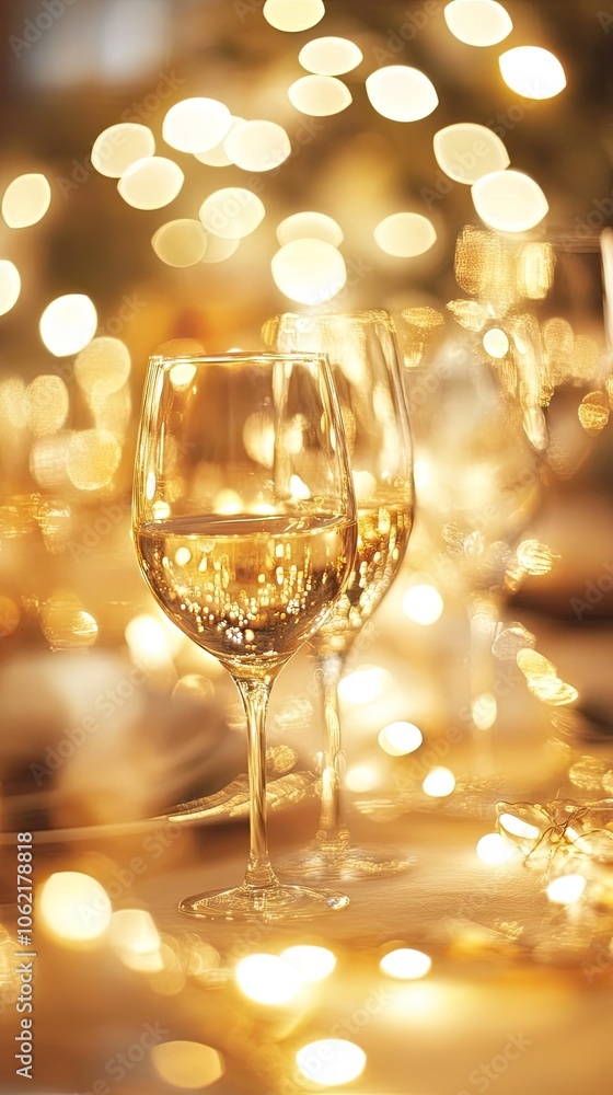 Elegant wine glasses sparkling with golden light create a warm and inviting atmosphere for celebrations and gatherings. Elegant wine glasses sparkling with golden light create a warm and inviting atmosphere for celebrations and gatherings.