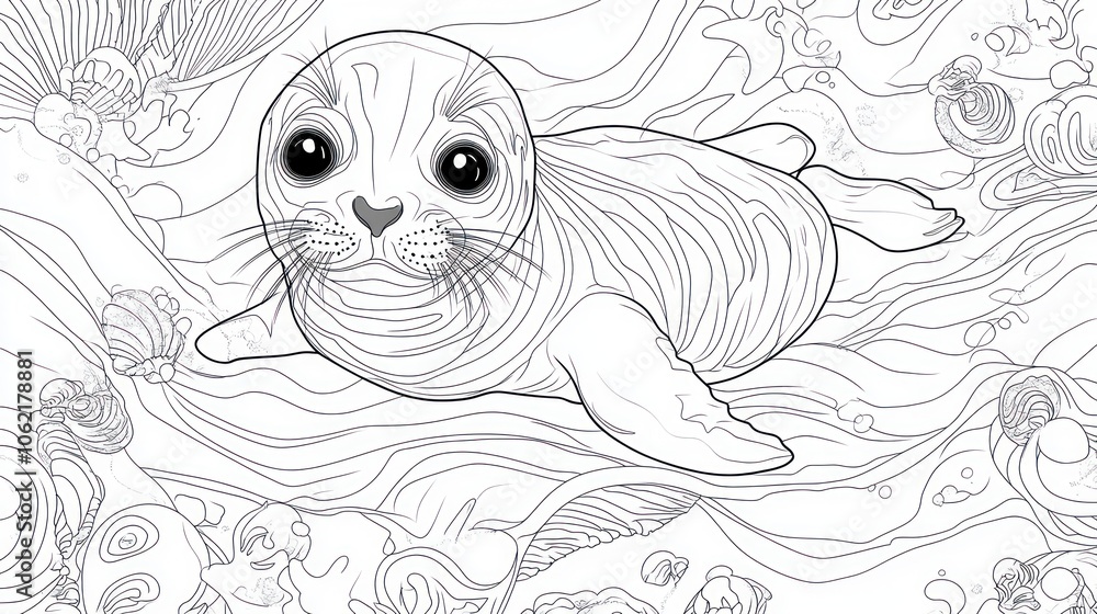 Fototapeta premium A Detailed Line Drawing of a Seal Pup Swimming in the Ocean