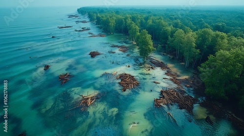 Aerial view of ancient shorelines permanently altered flooding submerged forests and the remains of wooden dwellings buried beneath tidal debris