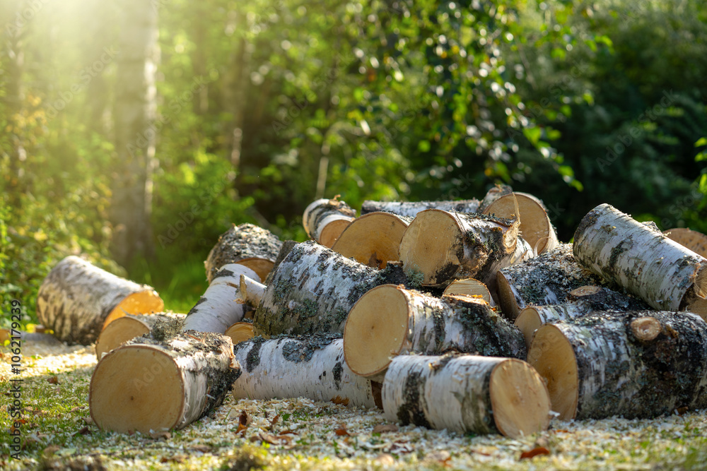 Several birch trunks stacked on the ground.Chop wood.Cut the fallen tree into pieces. Several birch trunks stacked on the ground.Chop wood.Cut the fallen tree into pieces.