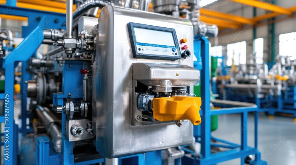 An advanced piece of industrial processing equipment is displayed in a well-lit factory. This machinery is used for manufacturing processes, highlighting modern engineering and efficiency An advanced piece of industrial processing equipment is displayed in a well-lit factory. This machinery is used for manufacturing processes, highlighting modern engineering and efficiency