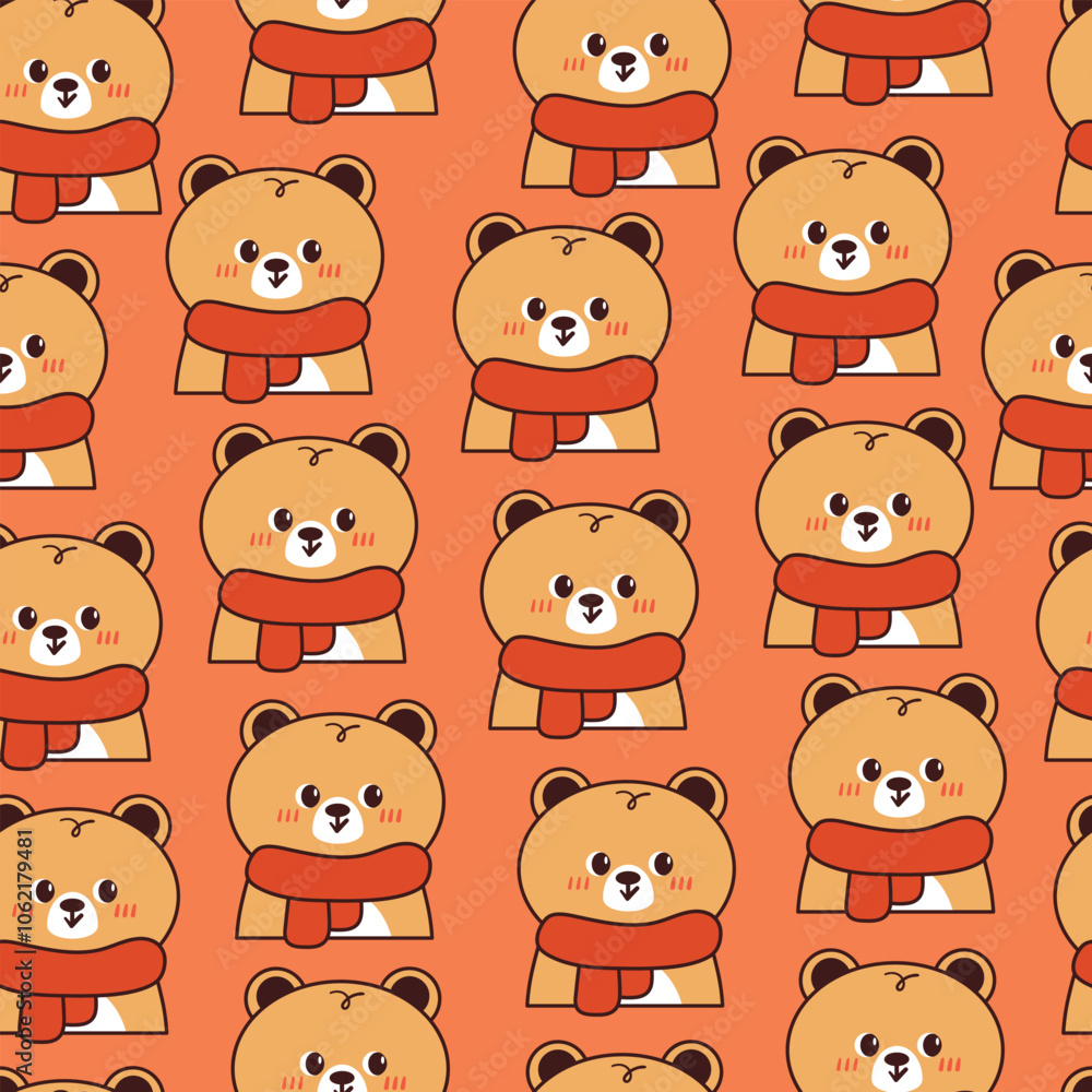 Fototapeta premium cute seamless pattern cartoon bear with orange scarf. animal winter wallpaper for fabric print, gift wrap paper