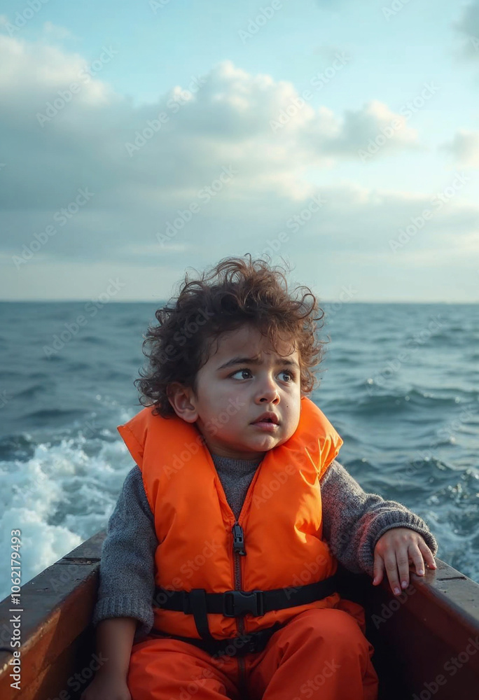 An anxious child in life vest on boat symbolizes refugee challenges and hope amid uncertainty.
An anxious child in life vest on boat symbolizes refugee challenges and hope amid uncertainty.