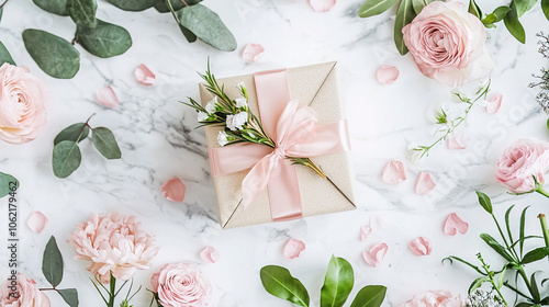 Elegant gift box with a pink ribbon surrounded by roses and greenery on a marble surface, creating a romantic and luxurious scene.