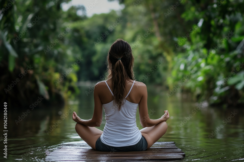 A woman practices yoga meditation on a wooden platform in a tranquil rainforest A woman practices yoga meditation on a wooden platform in a tranquil rainforest