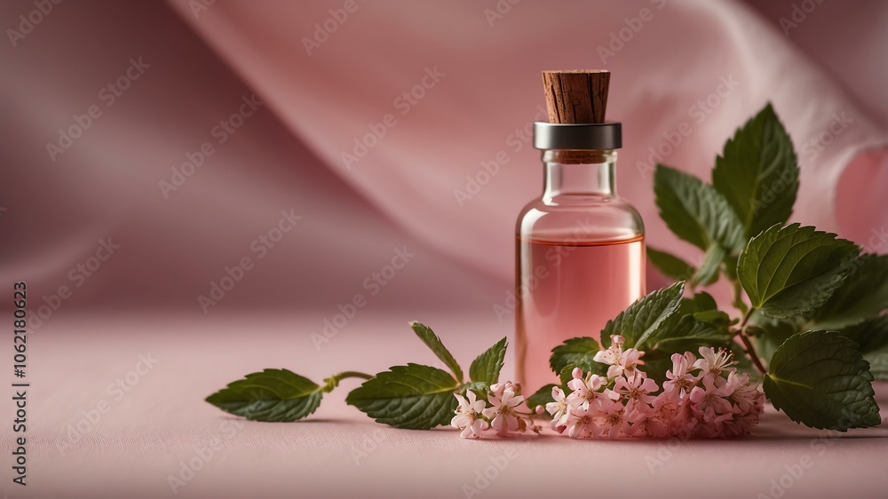 aesthetic bottle of essential oil on a pink silk background. Peppermint on the side. aesthetic bottle of essential oil on a pink silk background. Peppermint on the side.