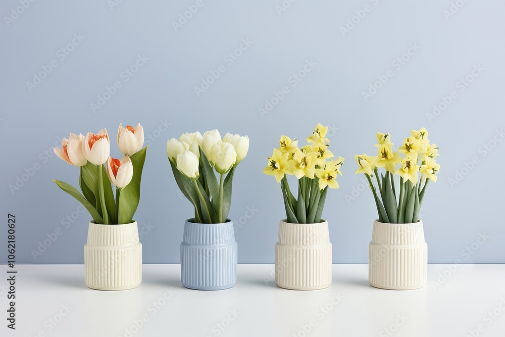 Four vases with tulips and daffodils in pastel colors on a light blue background. Minimalistic floral arrangement for spring decoration. Four vases with tulips and daffodils in pastel colors on a light blue background. Minimalistic floral arrangement for spring decoration.