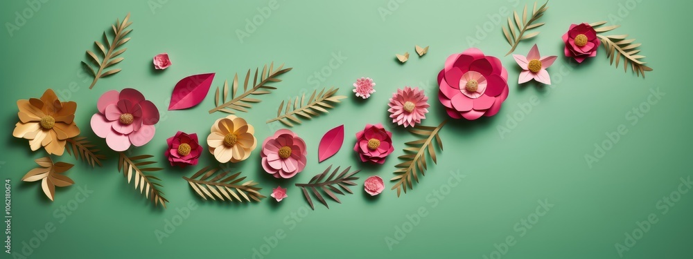 Paper art flowers and leaves arranged diagonally on a green background. Decorative craft composition for design and greeting cards. Paper art flowers and leaves arranged diagonally on a green background. Decorative craft composition for design and greeting cards.