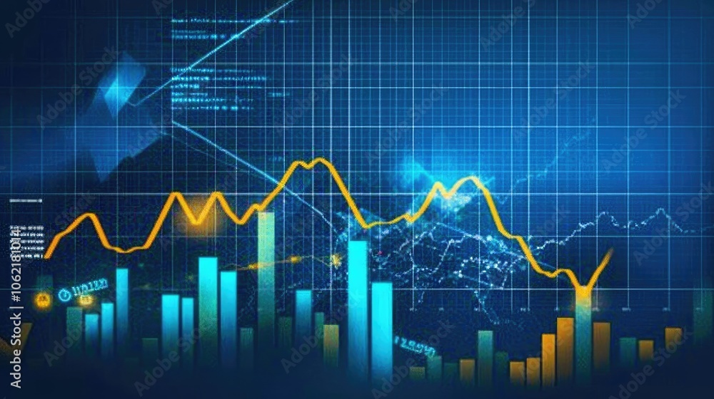 Business-themed background with a stock chart, corporate icons, and economic data, dynamic market trends Business-themed background with a stock chart, corporate icons, and economic data, dynamic market trends