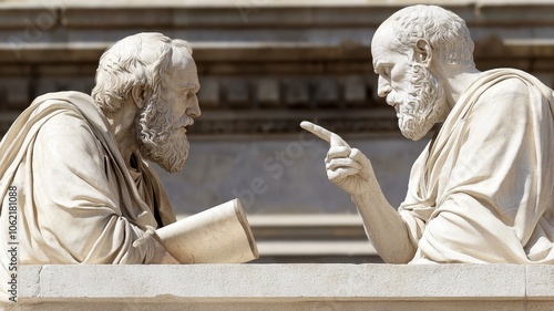 Two ancient philosophers, engaged in dialogue, embodying wisdom and intellectual discourse, with sculptural details highlighting their expressions.