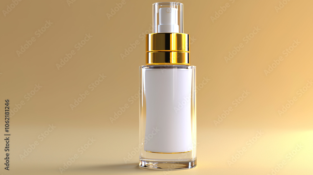 Naklejka premium Glass bottle with golden pump on beige background, ideal for beauty product mockups and design presentations.