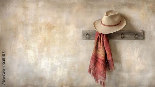 Fedora hat and red shawl hanging on rustic wall hook photo