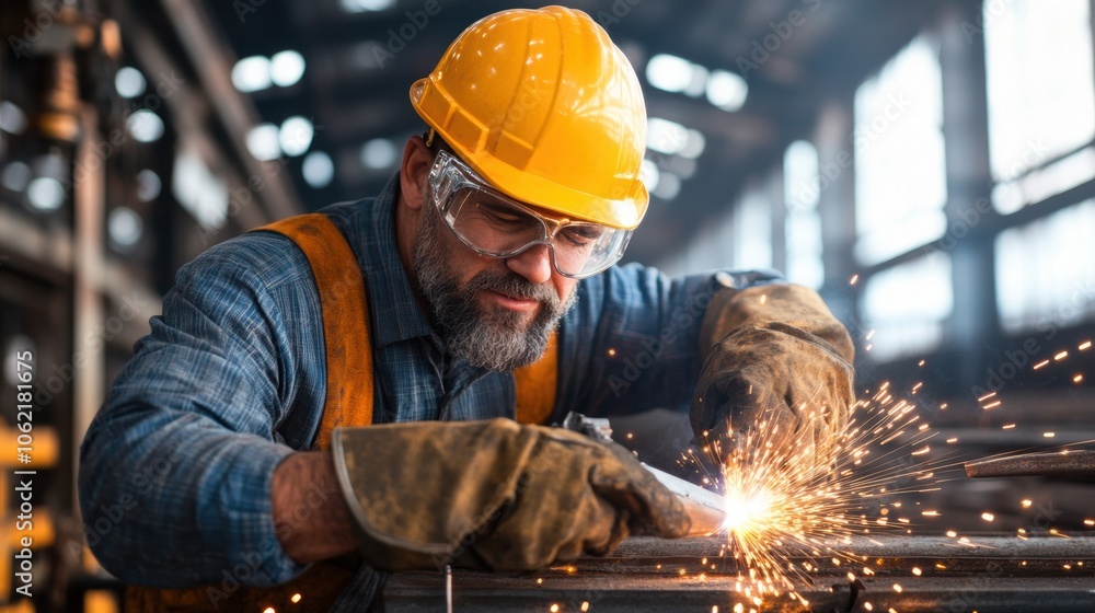 A dedicated worker is engaged in welding inside a large industrial workshop, wearing protective gear, demonstrating craftsmanship while sparks fly from the metal A dedicated worker is engaged in welding inside a large industrial workshop, wearing protective gear, demonstrating craftsmanship while sparks fly from the metal