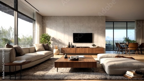 Minimalist Living Room Interior Design - Cozy Modern Space with Neutral Colors  Natural Light  Simple Furniture  and Elegant Decor for a Tranquil Atmosphere