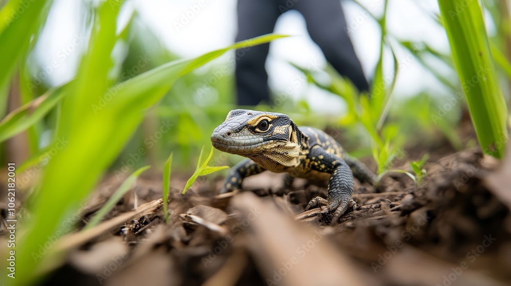 Naklejka premium Bamboo Forest: A monitor lizard searches for food in a dense bamboo forest.