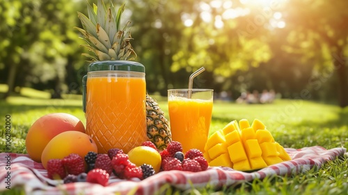 Enjoying fresh fruit juice and sliced mango during a relaxing picnic in the park