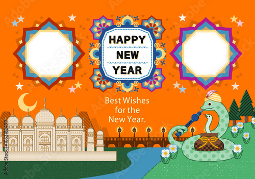 巳年イラスト年賀状デザイン「インドの蛇使い蛇と曼荼羅フレーム枠」HAPPY NEW YEAR
（Year of the snake illustration new year's card greeting postcard design material Indian snake charmer snake and mandala frame.）
