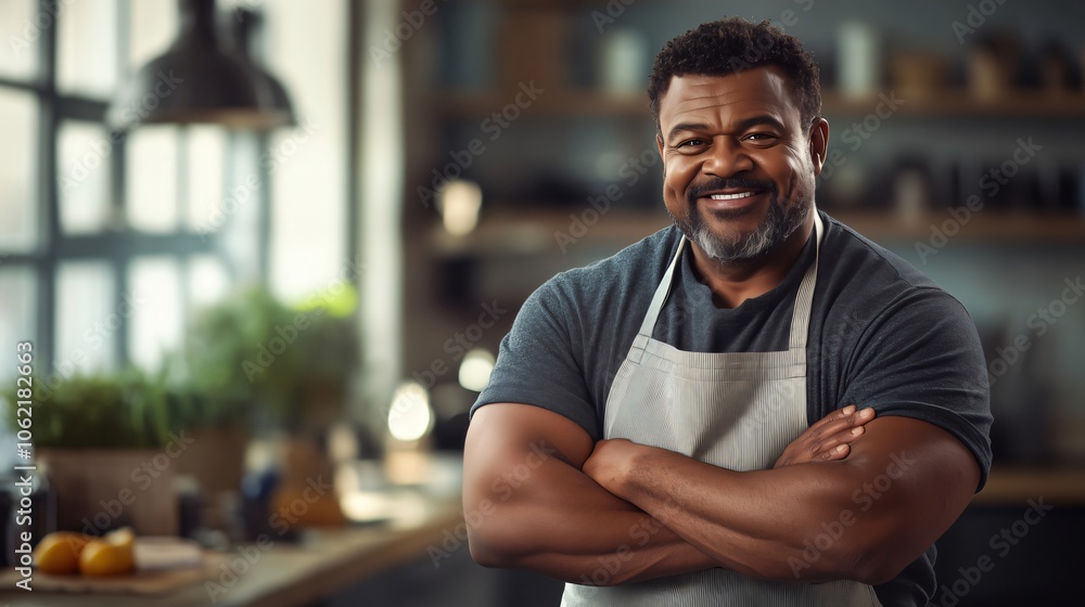 Obraz premium Confident chef smiling with crossed arms in restaurant kitchen