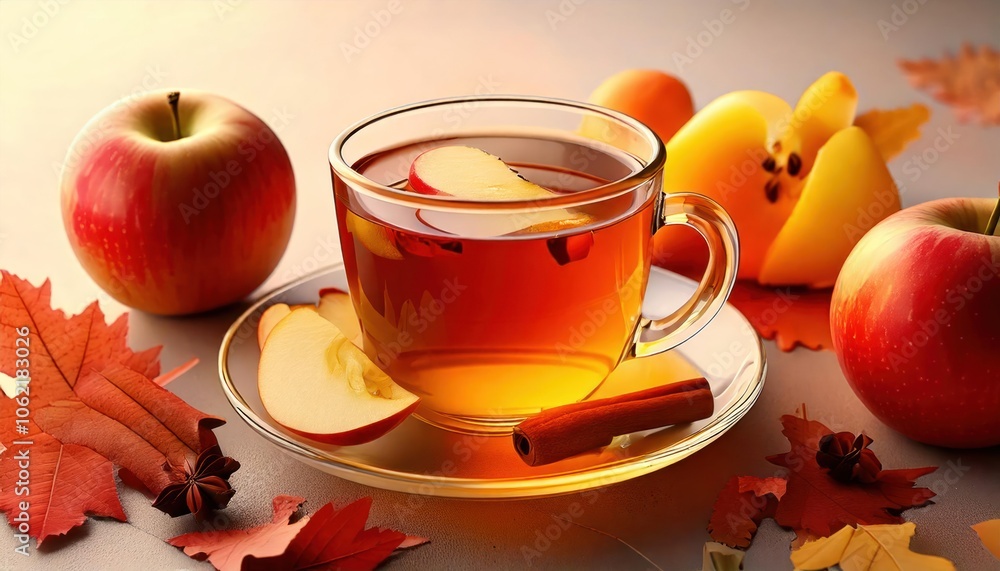 Teacup of tea with apple cinnamon, apple slices, and autumn leaves on the table. Teacup of tea with apple cinnamon, apple slices, and autumn leaves on the table.