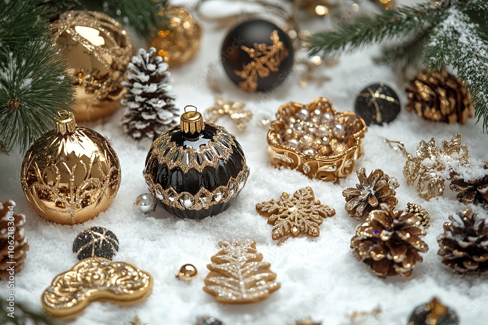 Christmas decorations on snowy white background Christmas decorations on snowy white background