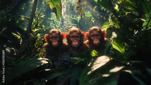 Three Young Chimpanzees Hiding in Lush Green Foliage photo