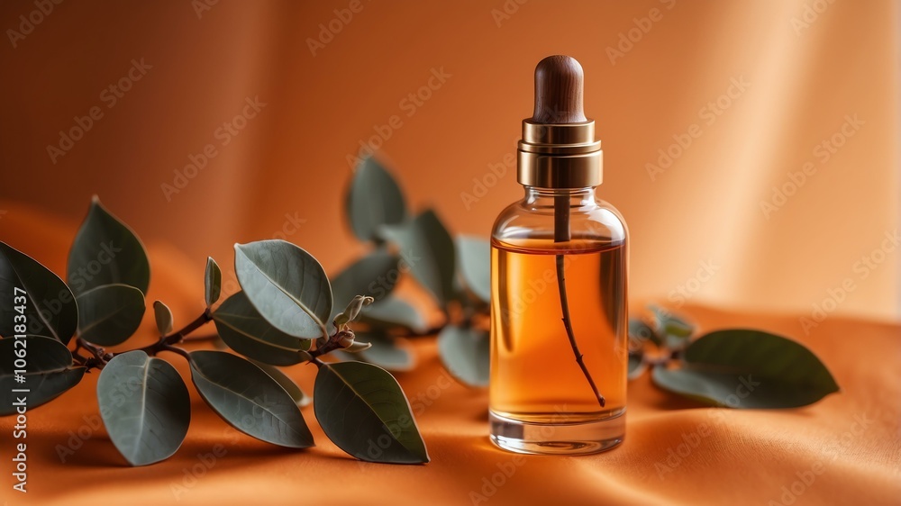 aesthetic bottle of essential oil on a orange silk background. Eucalyptus on the side. aesthetic bottle of essential oil on a orange silk background. Eucalyptus on the side.