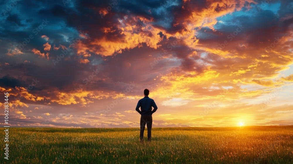 Fototapeta premium A person stands at the edge of a vast field contemplating the breathtaking sunset that paints the sky with vibrant colors and evokes a sense of peace and reflection.