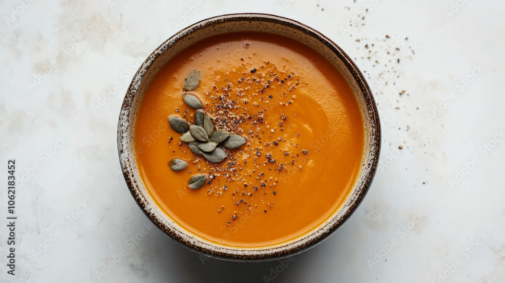 Warm pumpkin soup topped with seeds and spices in a rustic bowl Warm pumpkin soup topped with seeds and spices in a rustic bowl
