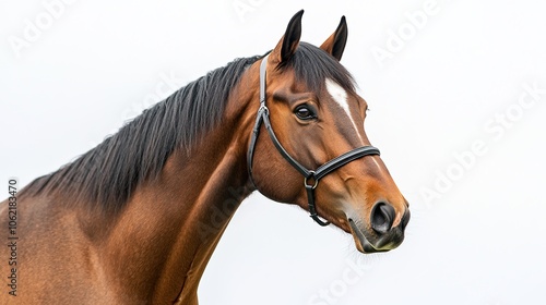 Portrait of a brown horse with a white patch on its forehead 