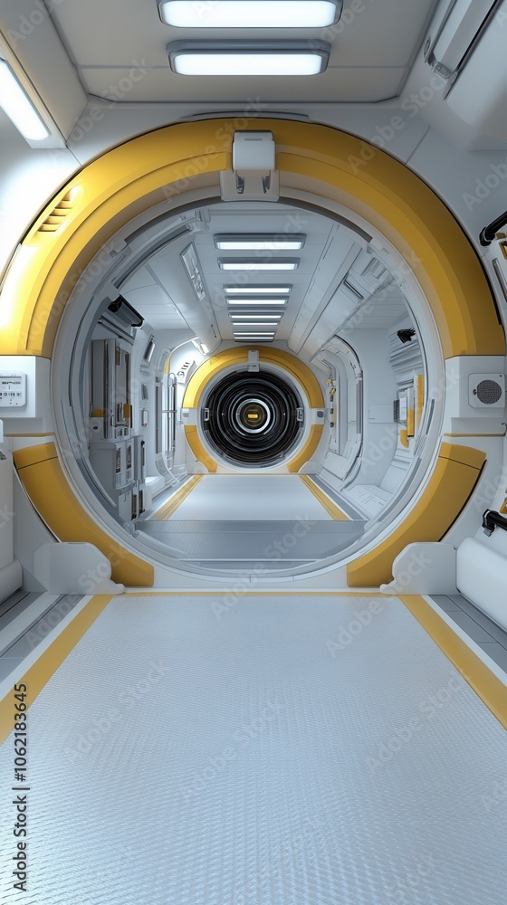 Fototapeta premium Futuristic hallway featuring a sleek, circular design with yellow accents and advanced lighting in a space station.