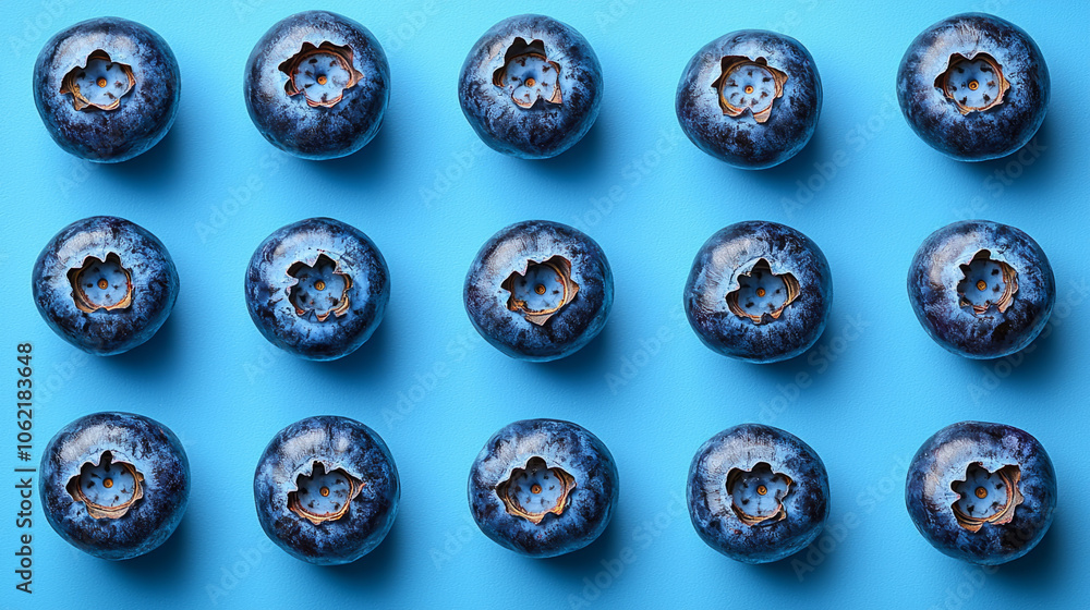 Obraz premium Vibrant blueberries arranged neatly against a bright blue background