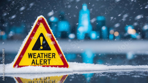 Bad weather alert in winter. Yellow warning sign pointing to heavy snow storm or blizzard. Bad weather conditions in the city with slippery icy road photo