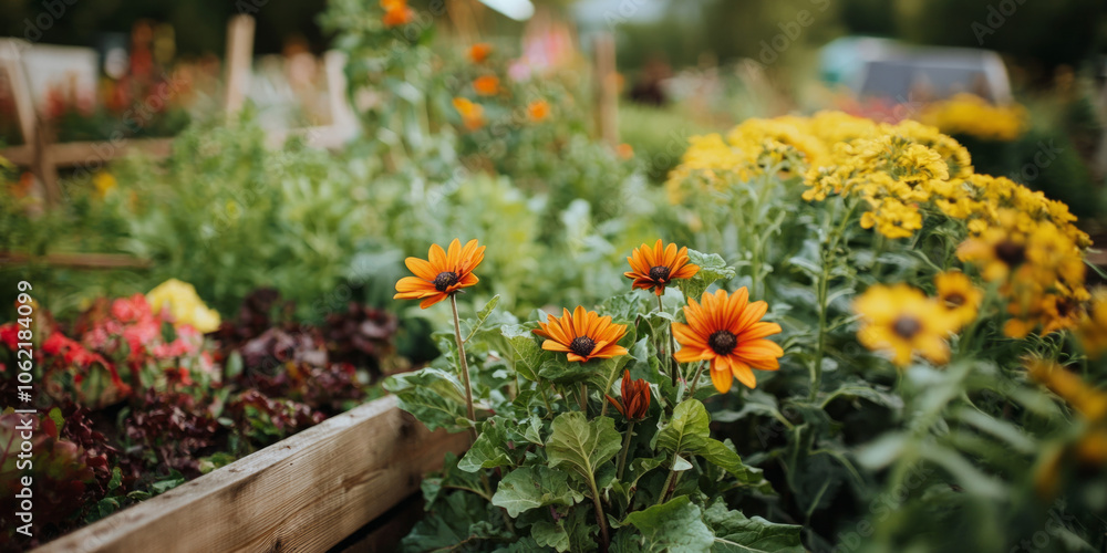 Vibrant garden blooms with orange sunflowers and diverse plants in daylight Vibrant garden blooms with orange sunflowers and diverse plants in daylight