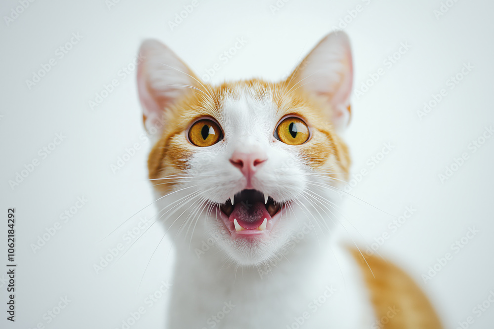 A cat with a white face and orange fur is smiling and making a funny face A cat with a white face and orange fur is smiling and making a funny face
