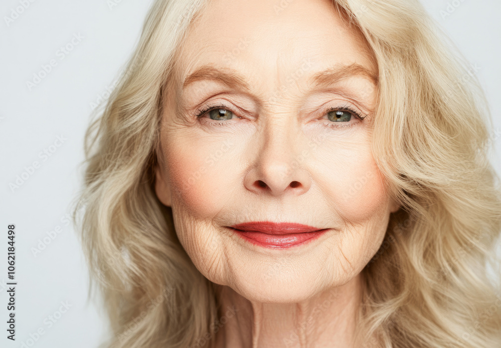 An elderly woman with light-colored hair and calm green eyes smiles warmly An elderly woman with light-colored hair and calm green eyes smiles warmly