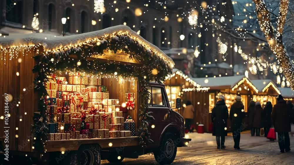 Magical holiday market filled with festive lights and gift boxes during a winter evening in a quaint town square Magical holiday market filled with festive lights and gift boxes during a winter evening in a quaint town square