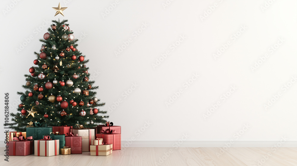 Big beautiful christmas tree decorated with beautiful shiny baubles and many different presents on wooden floor. White wall background with a lot of copy space for text. Close up. Big beautiful christmas tree decorated with beautiful shiny baubles and many different presents on wooden floor. White wall background with a lot of copy space for text. Close up.